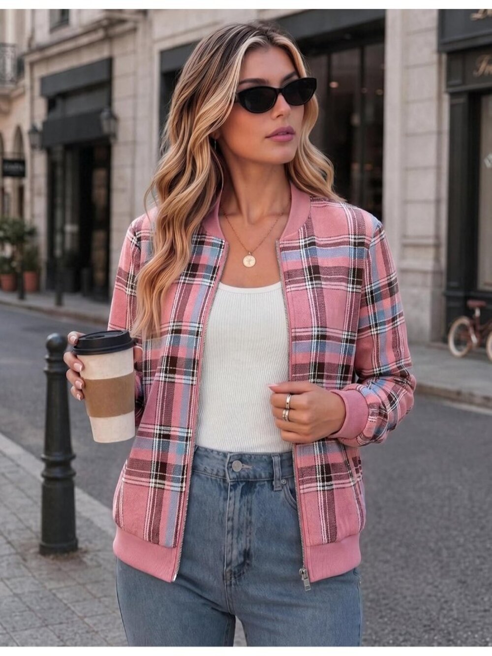 Women's Pink Plaid Lightweight Bomber Jacket Flannel Coat with Pockets Zip Up - Picture 3 of 5